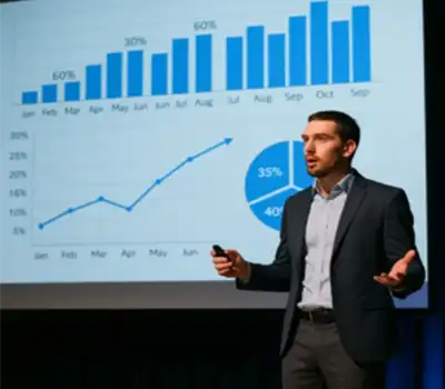Business presenter on stage with data-driven projector screen at conference event